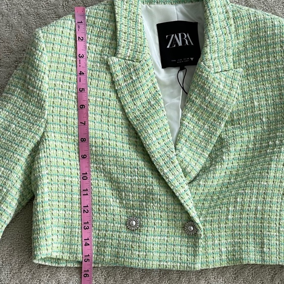 Zara Cropped Tweed Textured Jacket/Blazer Green Small NWT Office Academia Preppy - Picture 14 of 16